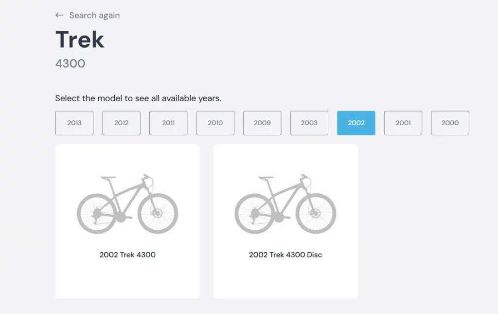 The two different 2002 Trek 4300 options in the Bicycle Blue Book