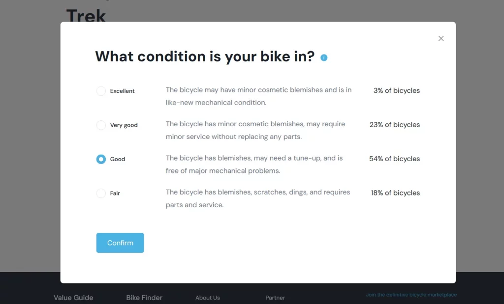 The condition questions asked in the Bicycle Blue Book