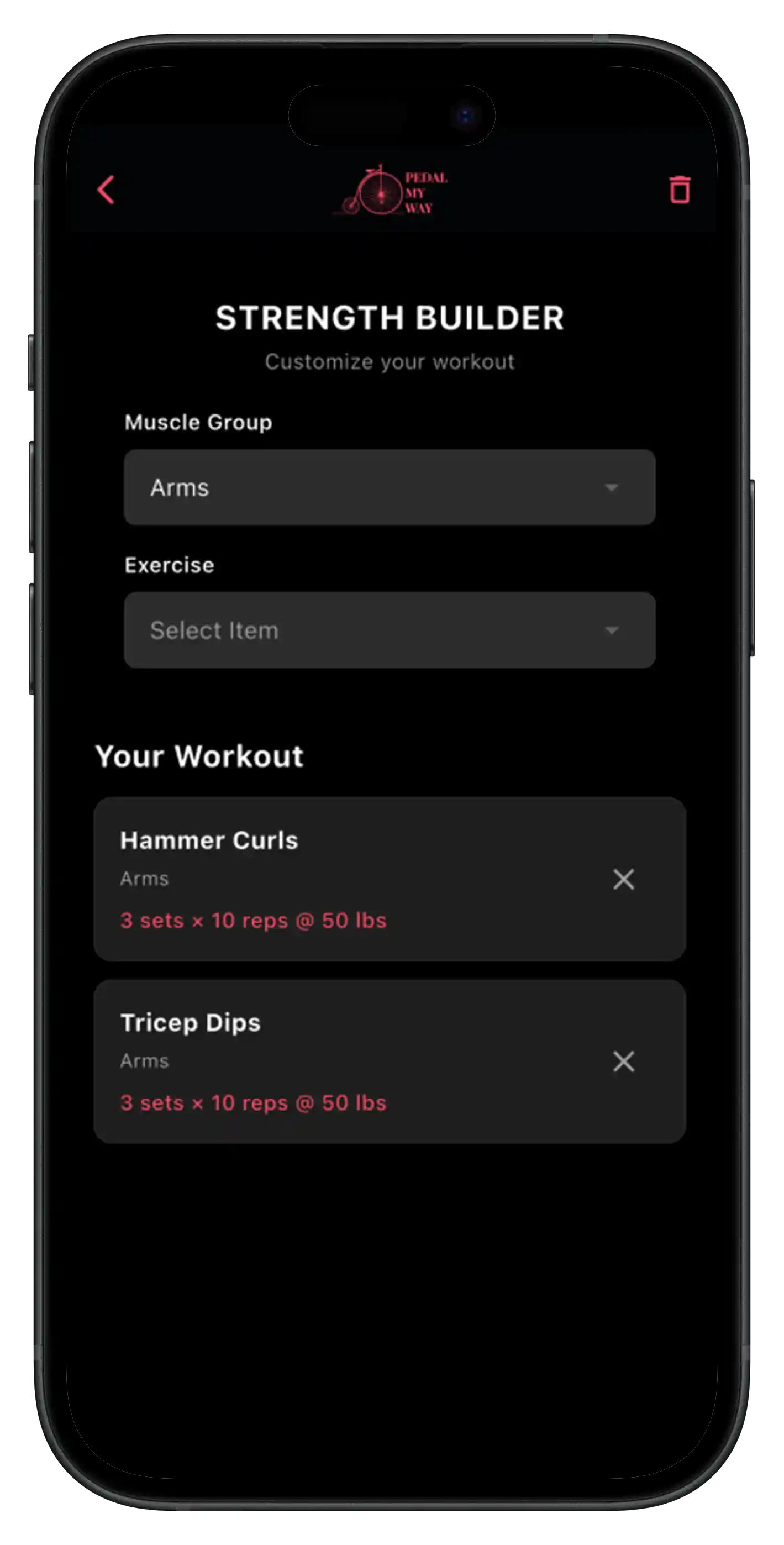 PMW Fit app in use — workout plan on phone with bike in background